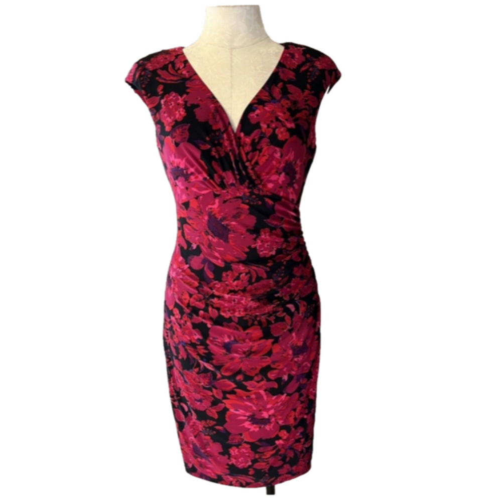 Lauren Ralph Lauren Ruched Wrap Midi Dress in Pink and Purple